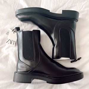 Zara Black Low Heeled Leather Ankle Boots